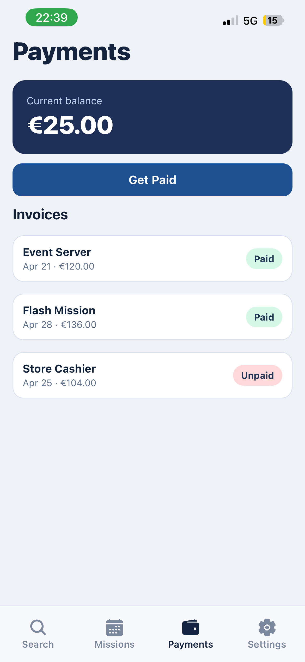 Worker payout screen